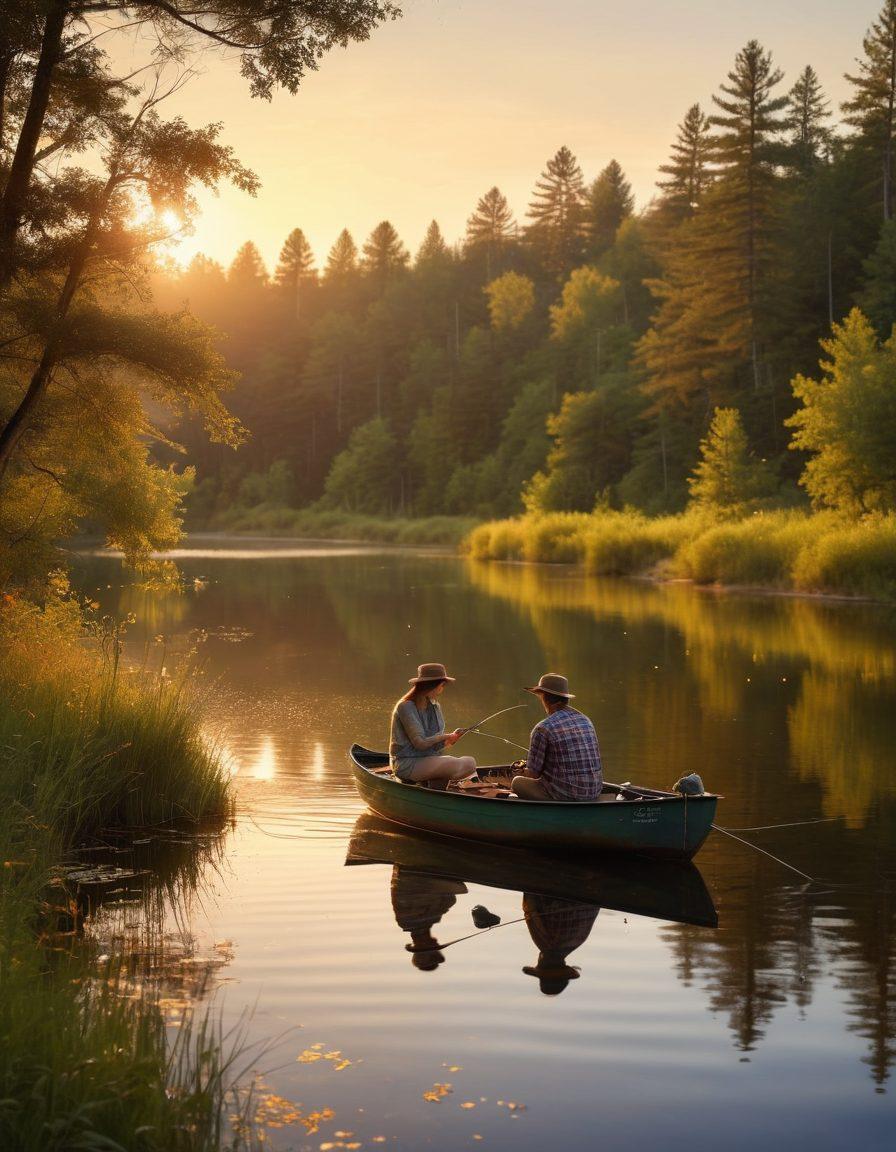 A serene lakeside scene at sunset, showcasing a couple fishing together with a variety of colorful, affordable flies in a small tackle box. The couple, dressed casually, shares a joyful moment as they catch fish, surrounded by lush greenery and twinkling fireflies in the background. Emphasize warmth, romance, and nature's beauty in the composition. soft colors. super-realistic. warm lighting.
