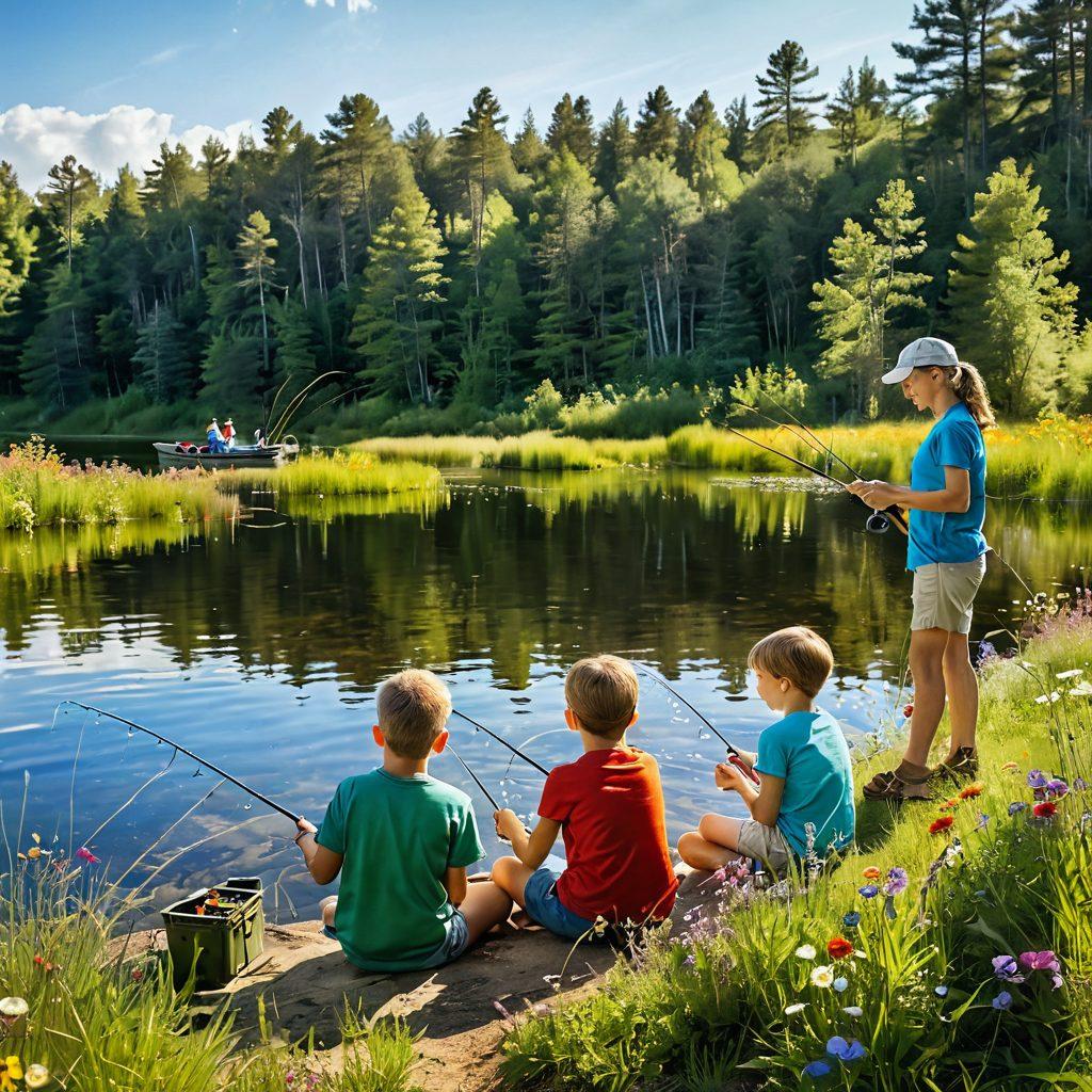 A picturesque lakeside scene with a family enjoying a fishing day, showcasing various affordable fishing supplies creatively scattered around. Brightly colored fishing rods and tackle boxes, nestled among wildflowers and tall grass, alongside cheerful children reeling in a catch. Sunlight sparkles on the water's surface, creating a warm and inviting atmosphere, emphasizing love and connection in nature's embrace. nature-inspired, vibrant colors, super-realistic.