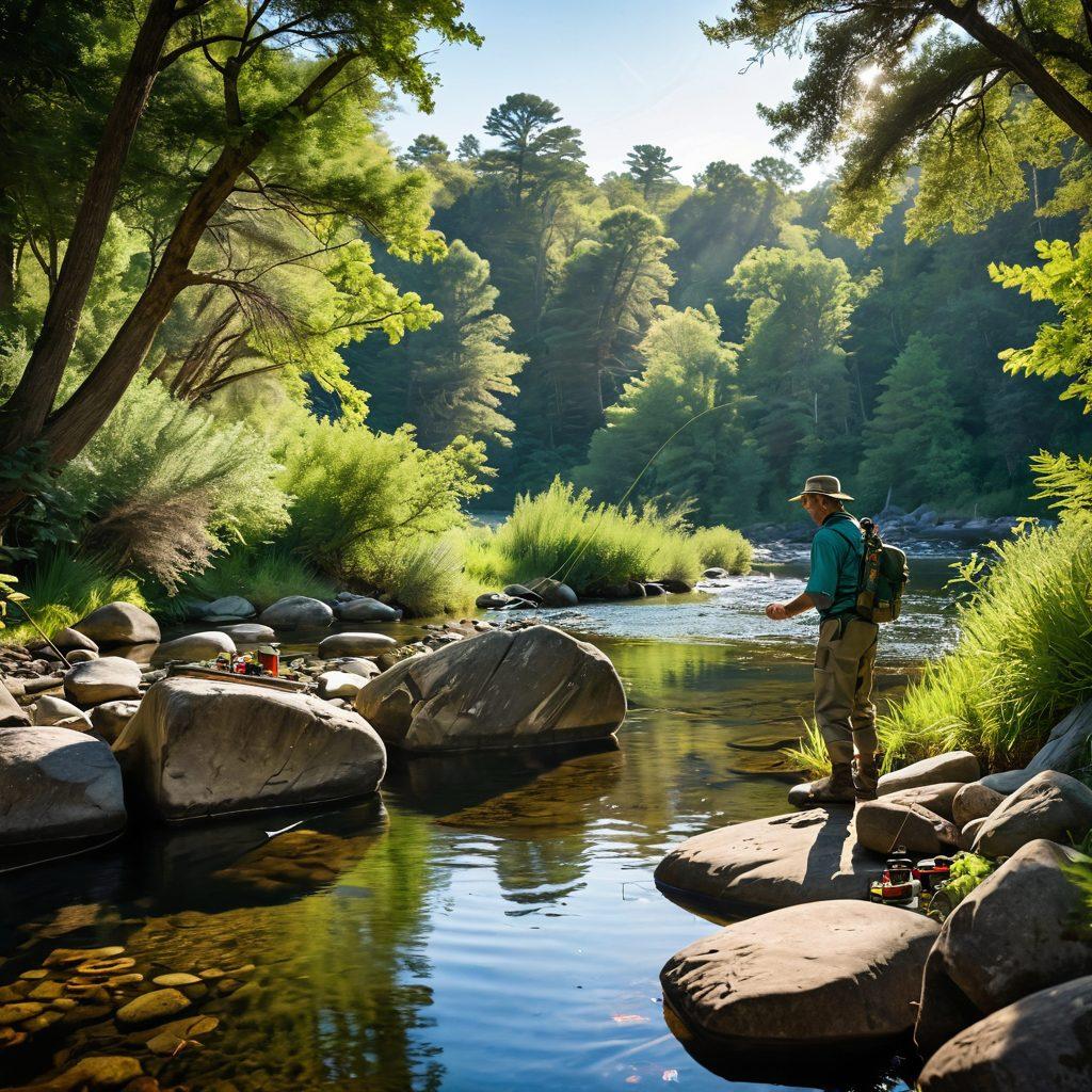 A serene river setting with a person casting a fly rod, surrounded by lush greenery, showcasing various economical fly angling gear laid out on a nearby rock. The sun glistens on the water, creating a warm and inviting atmosphere. Include colorful flies and a vintage tackle box. super-realistic. vibrant colors. natural scenery.